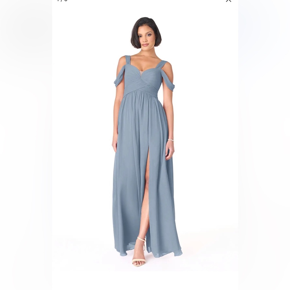 Azazie Dusty Blue Off-Shoulder Chiffon Bridal Gown
